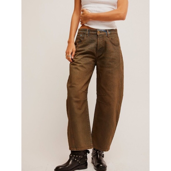 Free People Denim - We The Free People Barrel Leg Mid Rise Coated Jeans Good Luck New Moon Brown 26